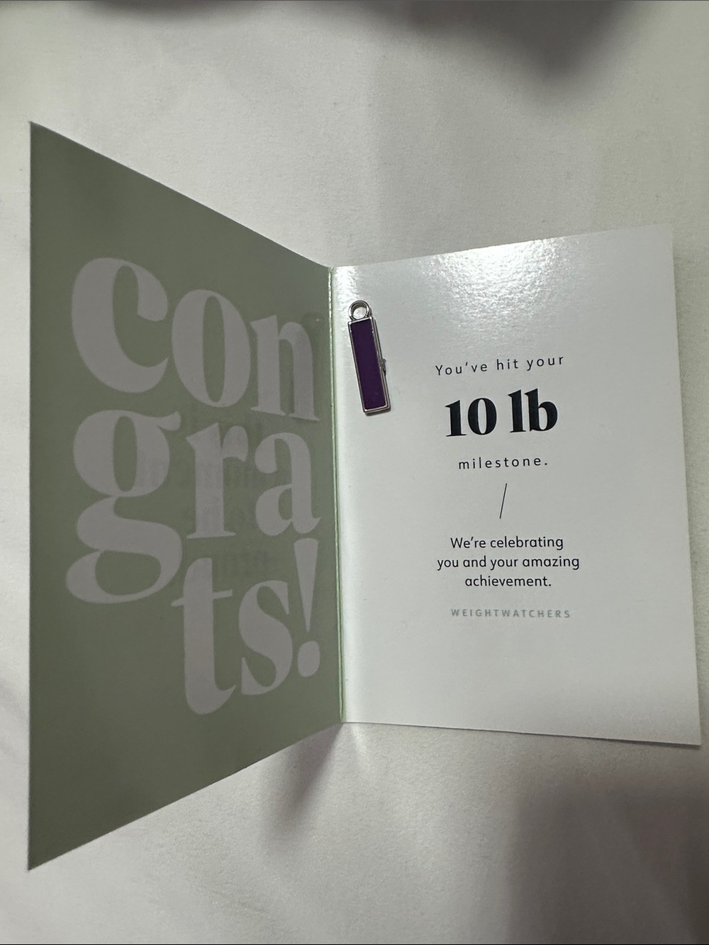 WeightWatchers 10 lb Milestone Congrats Card with Purple Pin